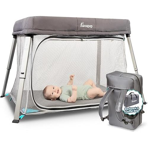 Hiccapop TravelPod Portable Crib for Baby, Lightweight, Foldable Travel Crib for Baby and Toddlers with Zippered Door, Waterproof Base & Carry Bag