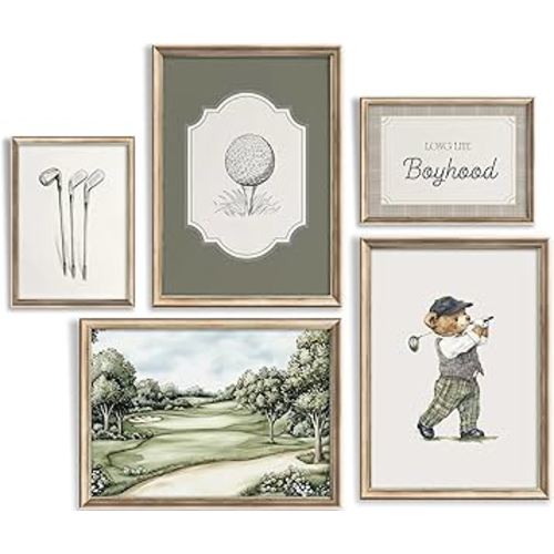 Vintage Golf Nursery Wall Art Retro Sport Kids Room Canvas Wall Decor Teddy Bear Pictures Sage Green Antique Posters Baby Animal Painting Print Artwork for Baby Boy Girl Room Playroom, Unframed