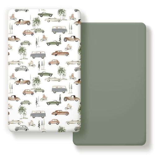 GRSSDER Stretchy Ultra Soft Jersey Knit Fitted Crib Sheets Set 2 Pack, Universal Fitted All Standard Crib Mattress Pads Safe and Snug, Crib Fitted Sheet for Baby, Neutral Pattern of Cartoon Cars Print
