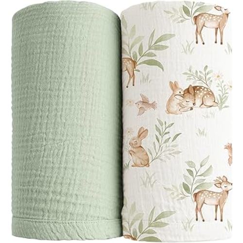 Konssy 2 Pack Muslin Swaddle Blankets, 100% Cotton Receiving Blanket Large 47 x 47 inches for Baby Boys Girls, Soft Breathable Muslin Baby Blanket for Newborn (Woodland,Sage)