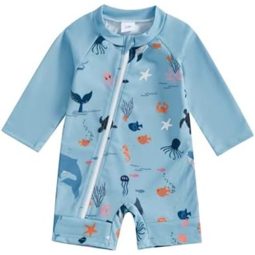 Toddler Baby Boy Girls One Piece Swimsuit Long Sleeve Zipper Bathing Suit with Hat Infant Rash Guard Swimwear