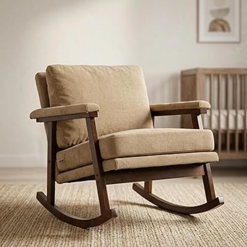 Rocking Chair Nursery, Compact Glider Rocking Chair for Indoor Use, Small Upholstered Rocker Chair for Bedroom Living Room, Accent Chair, Khaki
