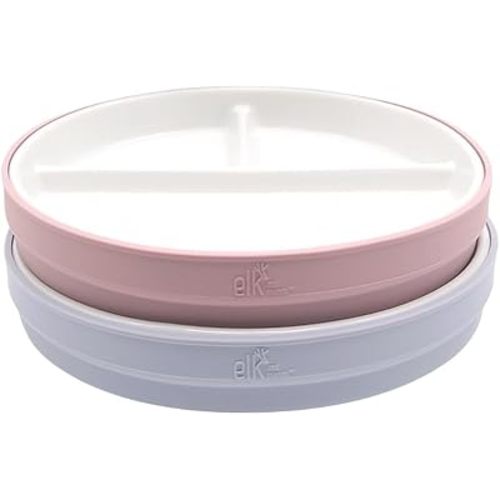 Elk and Friends Kids 7.8” Porcelain Divided Plates with Silicone Sleeves | Suitable for Babies/Kids/Toddlers | Microwave & Dishwasher Safe | Non Slip | Snack Dishes