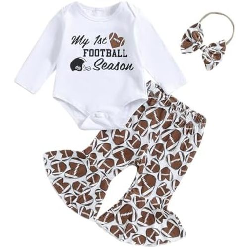 ZyHwShine Infant Baby Girl Football Outfit My 1st Football Season Long Sleeve Romper Bell Bottoms Pants Cute Fall Clothes