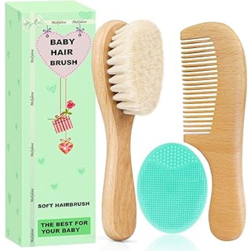 Baby Hair Brush with Wooden Handle and Comb Set for Newborns & Toddlers | Natural Soft Goat Bristles l Wood Comb l Green Silicone Brush| Ideal for Cradle Cap (3 Piece)