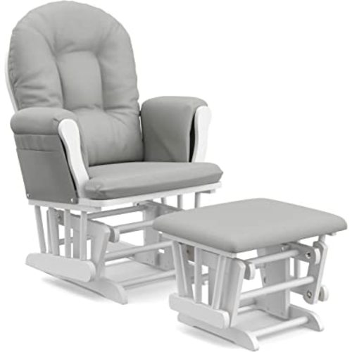 Storkcraft Premium Hoop Glider and Ottoman (White Base, Light Gray Cushion) – Padded Cushions with Storage Pocket, Smooth Rocking Motion, Easy to Assemble, Solid Hardwood Base