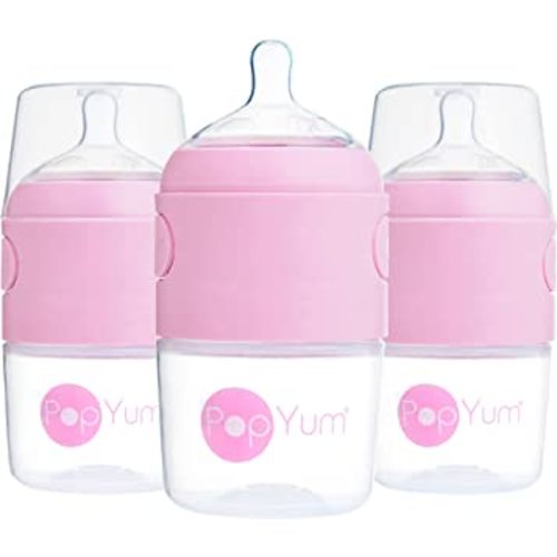 PopYum 5 oz Pink Anti-Colic Formula Making/Mixing/Dispenser Baby Bottles, 3-Pack with #1 Slow Flow Nipples, 150 ml, BPA-Free, Natural Latch