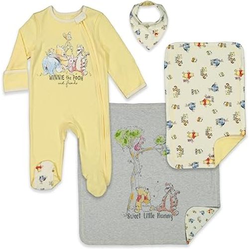 Disney Pixar Monsters Inc. Winnie the Pooh Lion King Baby Sleep N Play Coverall Headband Burp Cloth and Blanket 4 Piece Set