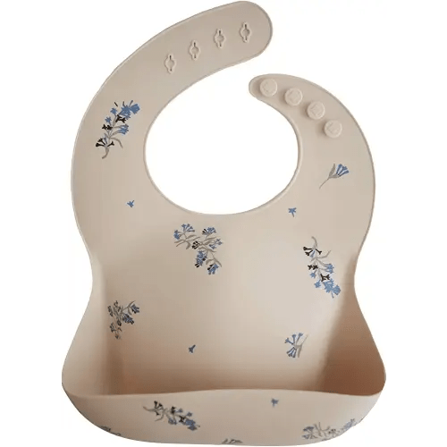 mushie Silicone Baby Bib | Adjustable Fit Waterproof Bibs (Lilac Flowers)