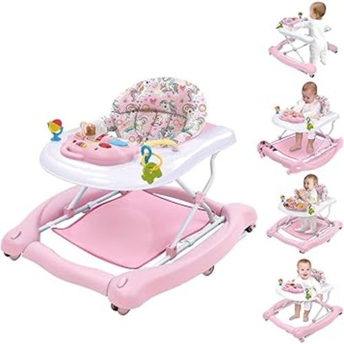 5 in 1 Foldable Baby Walker, Activity Baby Walker-Baby Bouncer, Rocker, Activity Center,Seat and Push Walker,Detachable Trampoline Mat, Adjustable Speed Rear Wheels and Height,Ages 6-18 Months(Pink)