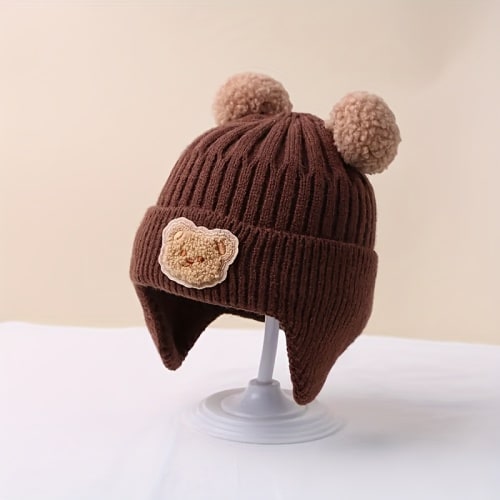 1pc Adorable Cartoon Bear Knit Beanie with Pom-Pom Ears & Button Eyes - Stretchy 100% Polyester Winter Hat for Toddlers 0-3 Years, Cozy Warm Toddler Boy & Girl Hat for Everyday & Holiday Wear