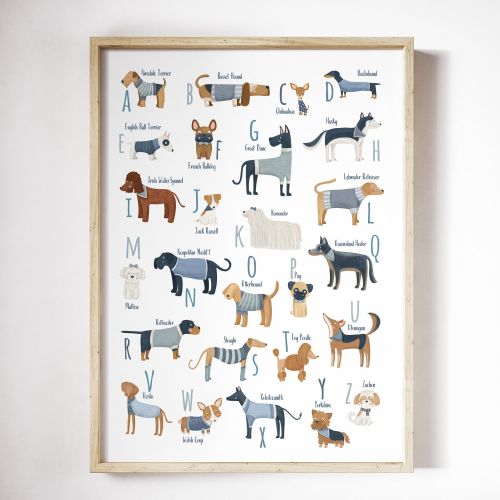 Printable dog blue Alphabet for a Dog lover, Dog alphabet poster, ABC dog breeds, A to Z dogs alphabet, printable dog wall art, dog theme