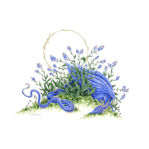 Dragon Art Watercolor Print - Forget-Me-Not Dragon - fantasy art. whimsical. flower art. illustration.