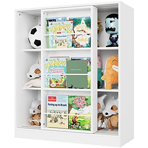 SHUANGZ 3 Tier BooKcase with Sliding BooK Shelf, Toy Organizer Cabinet Free Stranding Display Storage Shelves Bedroom Living Room Furniture, White