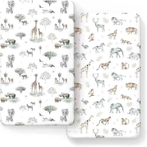 Stretch Ultra Soft Jersey Knit Fitted Crib Sheets Set 2 Pack,Fit All Standard Crib Mattress Pads Safe and Snug, Crib Fitted Sheet for Baby, Stylish African Savannah Animals Pattern