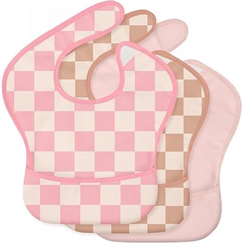 3-Pack Baby Feeding Bibs | Waterproof Stain-Resistant 3D Food Catcher, Soft Lightweight Design for Baby-Led Weaning, Infants & Toddlers 3-24 Months Pink Cherkerd