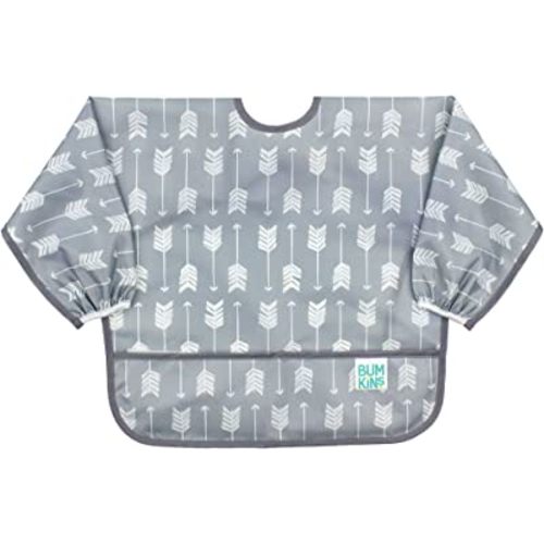 Bumkins Sleeved Bib for Girl or Boy, Baby and Toddler for 6-24 Mos, Essential Must Have for Eating, Feeding, Baby Led Weaning Supplies, Long Sleeve Mess Saving Food Catcher, Soft Fabric, Gray Arrows