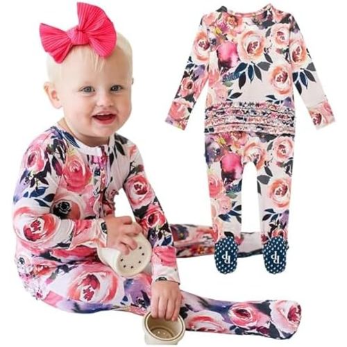 Posh Peanut Footie Pajamas for Baby Girls – Sleepers in Viscose from Bamboo with 2-Way Zipper & Ruffle Trim