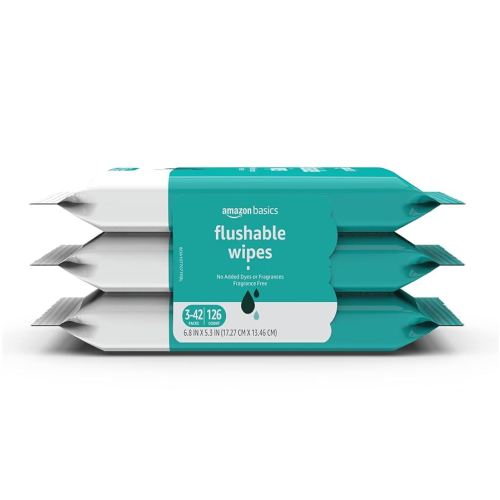 Amazon Basics Adult Wet Wipes Flushable Fragrance Free, 126 Count (3 Packs of 42) Packaging May Vary