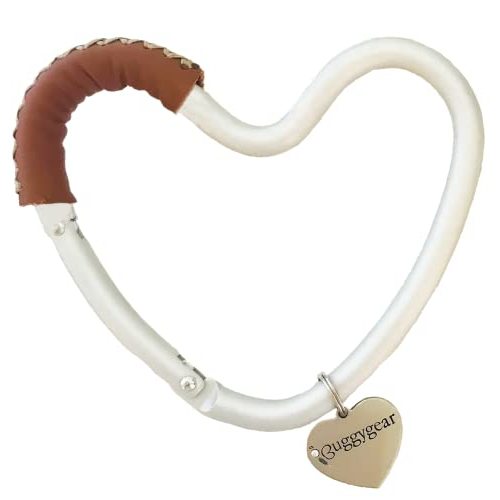 Buggy Heart Hook by BUGGYGEAR Silver Aluminum/Brown Leather- The Perfect Way to Carry Your Baby Diaper Bag - Use The Hook on Your Stroller Handle Bars and Let The Hooks Do The Work Buggy Gear