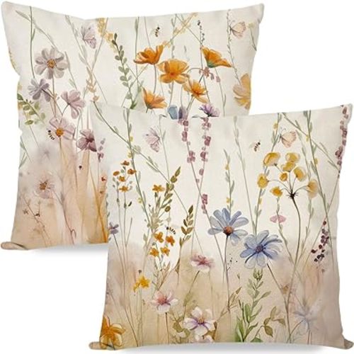 PANDICORN Wildflower Throw Pillow Covers 18x18 Inch Set of 2 Watercolor Flower Floral Outdoor Farmhouse Spring Summer Decor Square Decorative Cushion Case Decoration for Sofa Couch Living Room