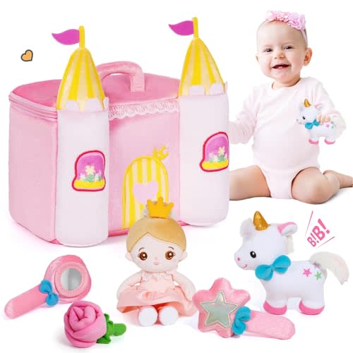 OUOZZZ Princess Castle Toys for 1-3 Year Old Girl - Baby Doll Plush House Stuffed Animal Set - Sensory Educational Toys for 12-18 Months Infant - First Birthday Gifts for Toddler