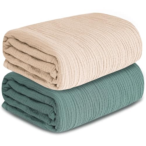 Muslin Swaddle Blankets for Newborn, 2 Pack Breathable Soft Receiving Blanket, Large 41 x 41 inches Swaddle Wrap Burping Clothes, Essentials Infant Shower Items. (Beige & Green)