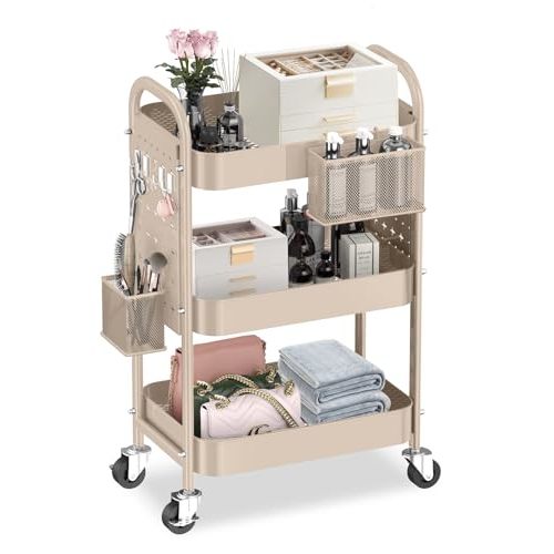 ALVOROG 3 Tier Rolling Cart with DIY Pegboards Metal Utility Cart with Wheels Handles Baskets Hooks, Craft Cart for Office Kitchen Bathroom(Khaki)