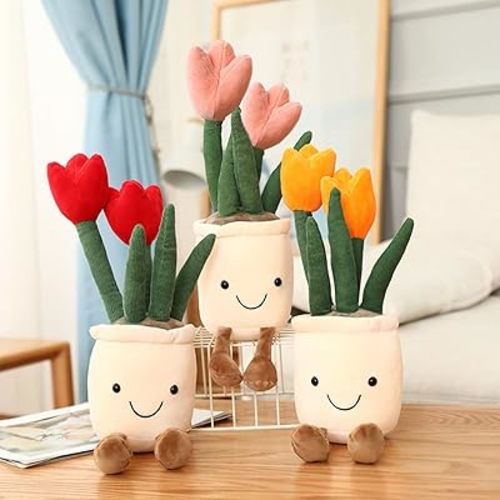 3pcs Tulip Plush Toy, Stuffed Flower Pot Throw Plushie Doll, Soft Plush Toys Indoor Decoration Festival Gifts (Tulip-Red+ Orange+ Pink)