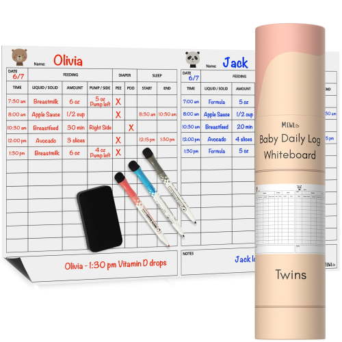 Mewl Twins Daily Log Whiteboard - Reusable Baby Tracker Dry Erase Board to Log Feedings, Diapers & Sleep 17 x 11 Inches