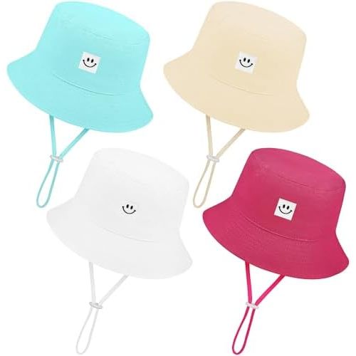 Cooraby 4 Pack Baby Sun Hat Breathable Smile Bucket Hat Toddler Sun Protective Bucket Hat Adjustable Cap for Baby Girl Boy