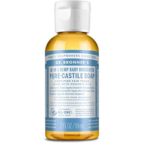 Dr. Bronner’s - Pure-Castile Liquid Soap (Baby Unscented, Travel Size, 2 ounce) - Made with Organic Oils, 18-in-1 Uses: Face, Body, Hair, Laundry, Pets and Dishes, Concentrated, Vegan, Non-GMO