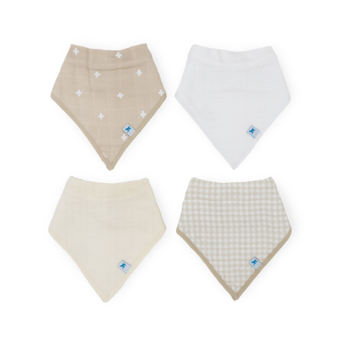 Cotton Muslin + Fleece Bandana Bib 4 Pack - Taupe Cross