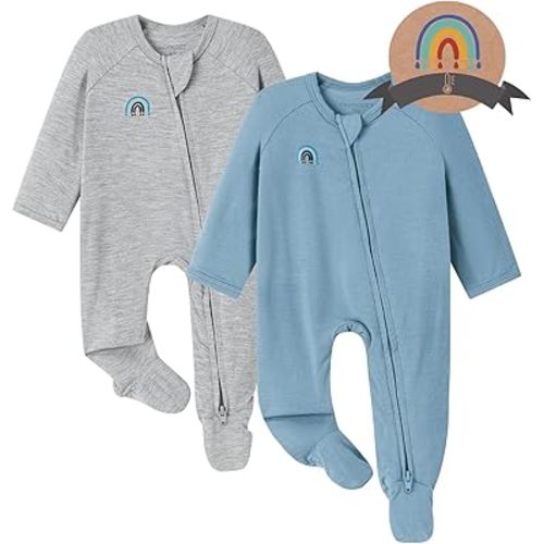 Momcozy Unisex Baby Pajamas, Baby-Temp Monitoring Double Zipper Boy Girl Sleepers Rompers Footie, 2 Pack Light Weight Stretchy Viscose Derived from Bamboo Baby Jammies, 0-3 M, Blue Grey