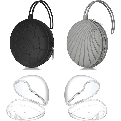 Smlpuame 4 Pack Pacifier Holder Case Set,2 Silicone Portable Pacifier Cover Pouch Bag for Diaper Bags Baby Carriage with 2 Transparent Pacifier Storage Container Box,Easy to Clean,(Black+Grey)