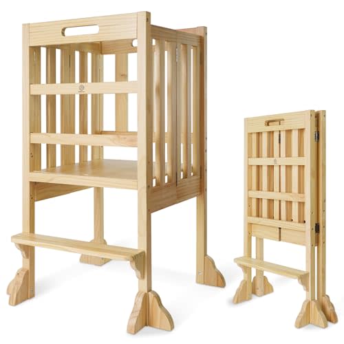 Foldable Toddler Learning Standing Tower, WOOD CITY Montessori Kitchen Step Stool Ideal Helper with 3 Adjustable Heights for Learning New Skills(Natural)