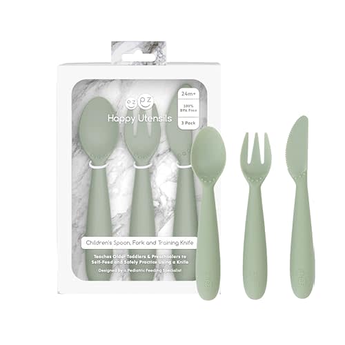 ezpz Happy Utensils - 24 Months+ (Sage) - BPA Free Toddler Utensils - Fork, Spoon and Knife for Toddlers and Preschoolers - Kids Utensils for Self-Feeding Development
