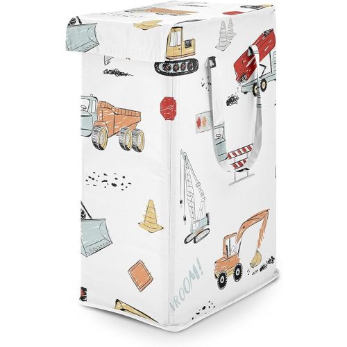 Sweet Jojo Designs Red Blue Construction Truck Boy Laundry Hamper Foldable Dirty Clothes Basket with Handles Baby Nursery Kids Bedroom Teen Bathroom Transportation Zone Vehicle Bulldozer Tractor Mixer