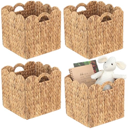 Set of 4 Foldable Scalloped Water Hyacinth Storage Cubes Basket, Storage Cube Bins -12"x12"x12", Collapsible Cube Organizers, Water Hyacinth Woven Bins for Bathroom, Bedroom, Laundry, Pantry, Shelves