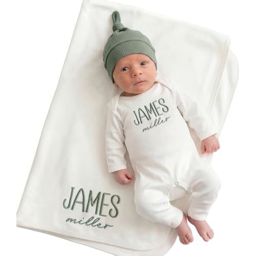 Linkababy Personalized Baby Boy Coming Home Outfit, 100% Cotton Embroidered Romper, Hat, Blanket, Baby Showers, Newborn 0-3M