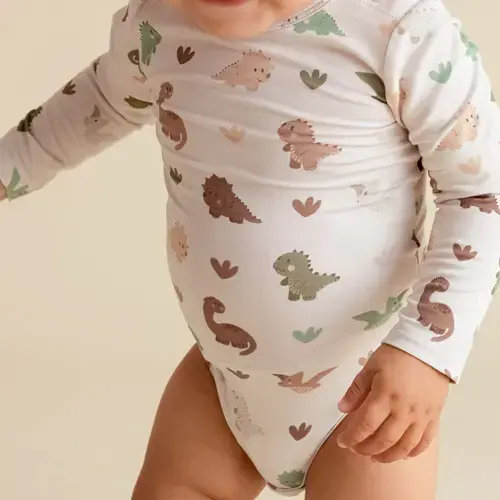 Dino Beige Long Sleeve Baby Bodysuit | Roary