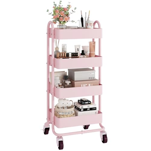 4-Tier Pink Rolling Cart,Metal Utility Rolling Cart with Handle,Multifunction Rolling Carts with Wheels,Kitchen Storage Carts Suitable for Office,Home,Kitchen,Garden（13.4"x18.1"x40"） Pink