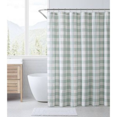 Cabin Plaid Shower Curtain Green - Eddie Bauer: 100% Cotton, Twill Weave, Easy Care, Machine Washable