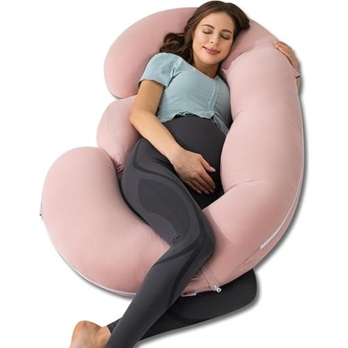 Meiz Pregnancy Pillows, Cooling C Shaped Full Body Pillow for Sleeping, Detachable Nursing Pillow for Breastfeeding, with Pregnancy Wedge Pillows for Side Sleeping and Adjustable Straps, Apricot