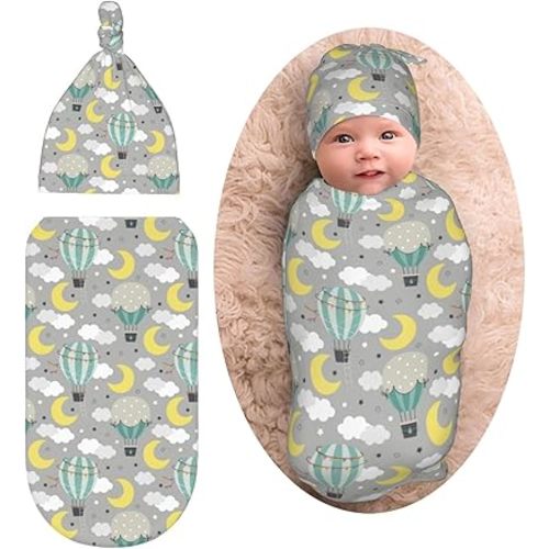 Hot air Balloon Newborn Swaddle Blanket Baby Stuff Baby Swaddling Blanket with Beanie Set Soft Sleeping Sack for Unisex Girls Boys
