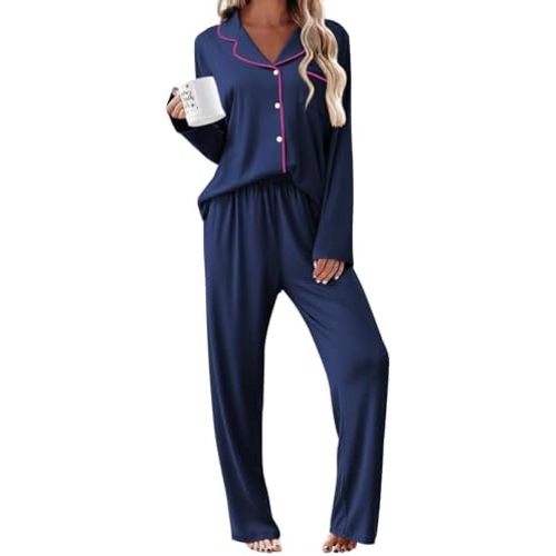 Ekouaer Womens Pajama Sets 2 Piece Long Sleeve Sleepwear Soft Button Down Pjs Lounge Set S-XXL