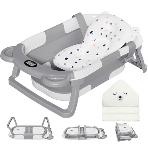 MoreFeel Collapsible Baby Bathtub for Newborn with Thermometer & 1 Hooded Towel & 1 Soft Floating Cushion,Portable Travel Bathtub with Drain Hole, Durable Foldable Baby Tubs for Infants to Toddler