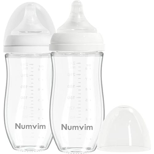 Numvim Glass Baby Bottle Gentle & Extra Slow Flow, Breastfeeding Bottle with Anti Colic Nipple for 3 Months Babies, Includes M Nipples, (8Oz, 2 Packs)