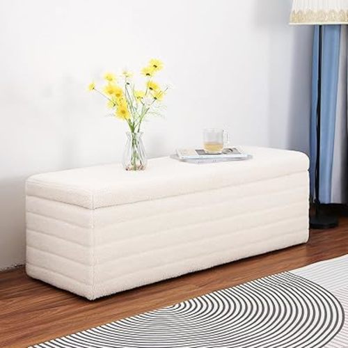 Boucle Rectangle Ottoman with Hinged Lid White Storage Bench for Bedroom Upholstered End of Bed Bench for Living Room, Dorm & Entryway