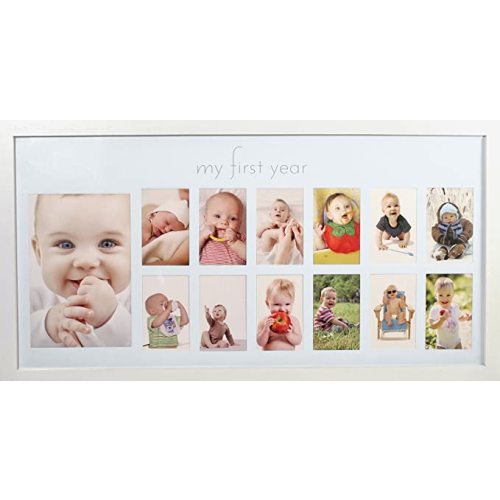 Green Pollywog | Baby's First Year Frame | Collage Frame For Baby In White | 12 Month Picture Frame | Milestone Photos | First Year Picture Mat | My First Year Photographs